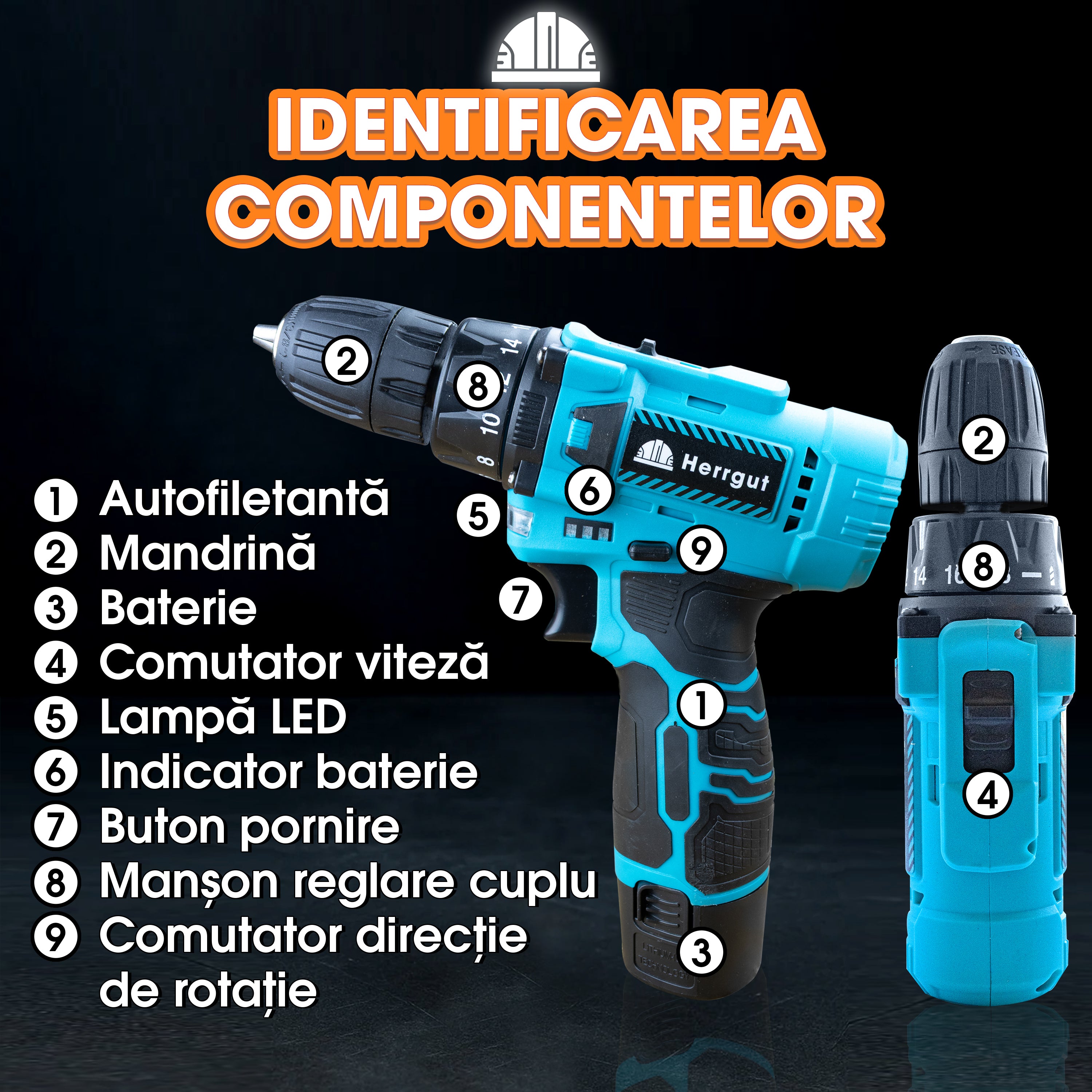 Masina de gaurit si insurubat (bormasina) Herrgut Universal cu acumulator 1.5Ah Li-Ion, 30Nm, 2 trepte 400/1400 RPM, mandrina rapida 0.8-10mm, 25 accesorii, cutie bmc