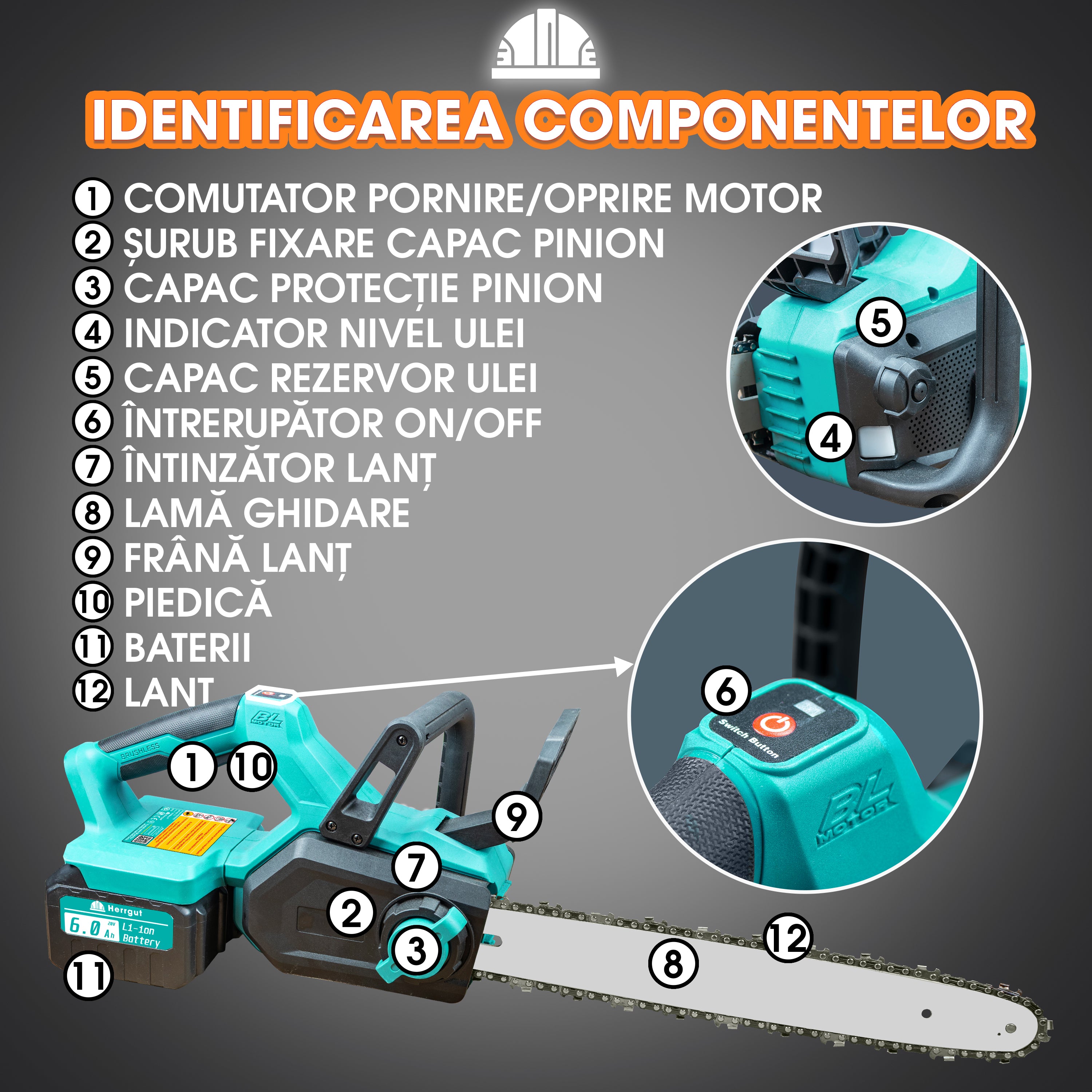 Fierastrau electric (Drujba) cu lant Herrgut, 2 x baterie 6000 mAh, 16 inch, motor fara perii, putere 1800W, fast charging, pe acumulator, cu sistem de lubrifiere, albastru/negru