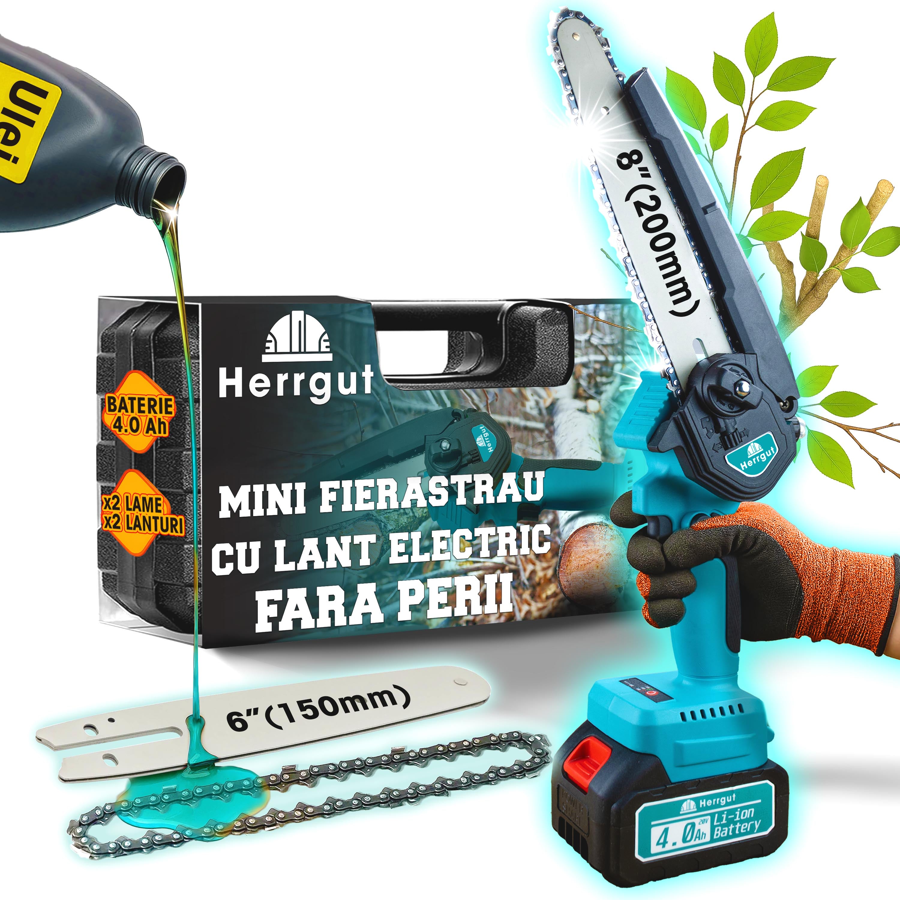 Mini fierastrau electric cu lant Herrgut, motor fara perii, 8 inch, 1 x baterie 4000 mAh, lant extra de 6 inch, baterie extra 2000 mAh fast charging, pe acumulator, cu sistem de lubrifiere, albastru/negru, (mini drujba)