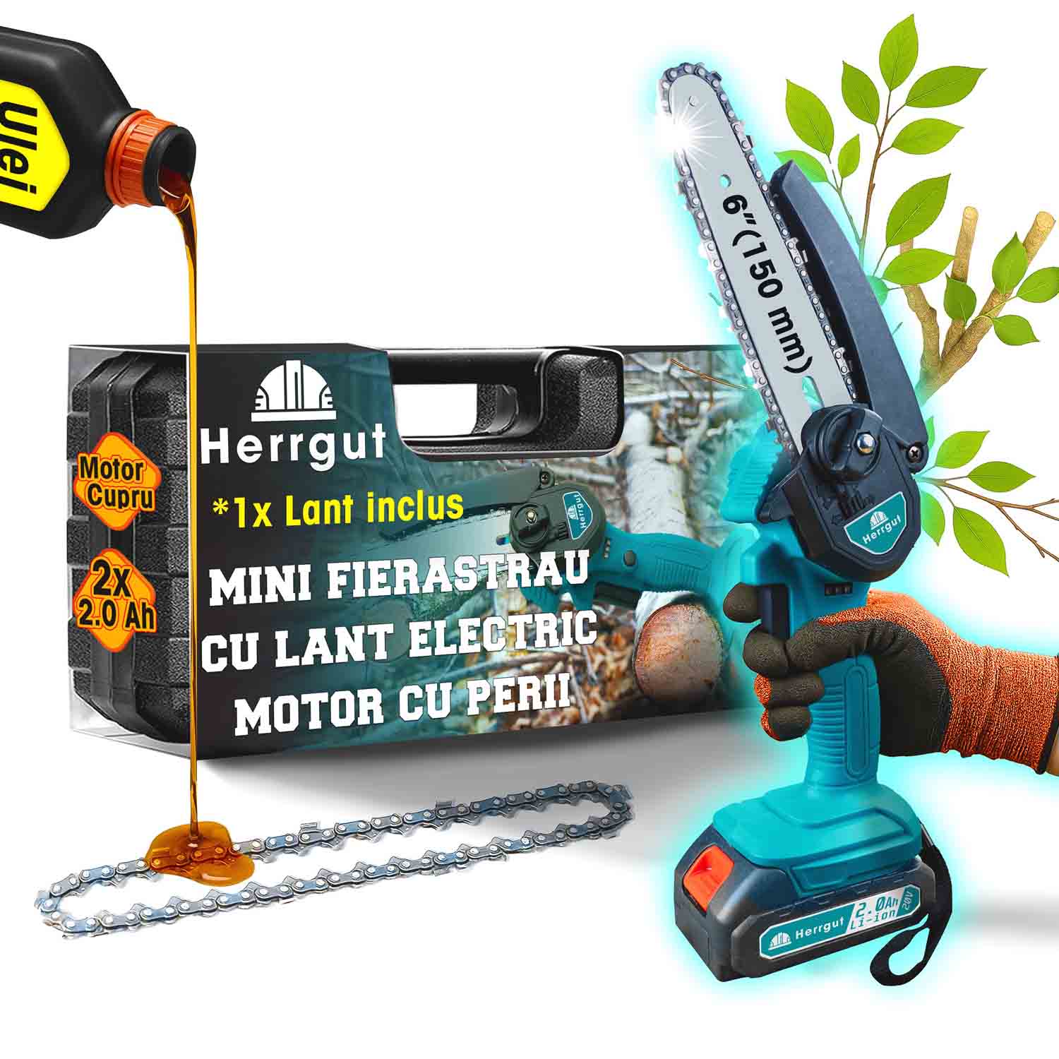 Mini fierastrau electric cu lant Herrgut, 6 inch, 2 x baterie 2000 mAh, motor cu perii, putere 550W, pe acumulator, albastru/negru, (mini drujba)