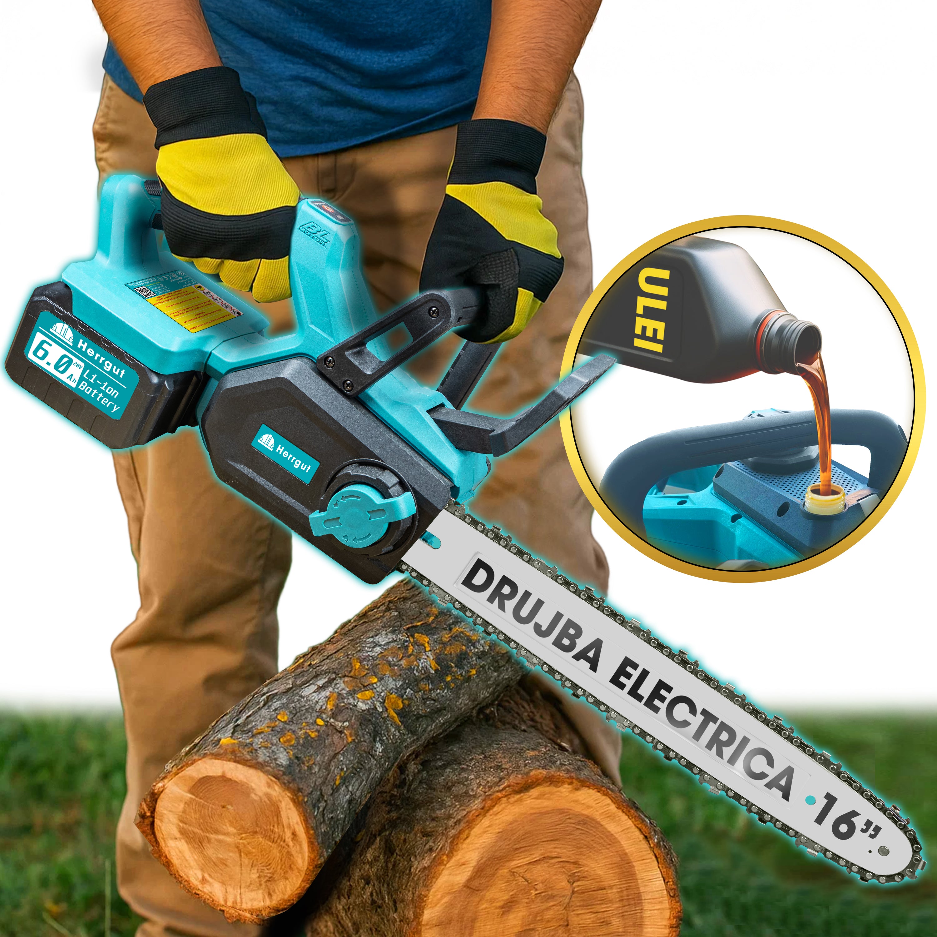 Fierastrau electric (Drujba) cu lant Herrgut, 2 x baterie 6000 mAh, 16 inch, motor fara perii, putere 1800W, fast charging, pe acumulator, cu sistem de lubrifiere, albastru/negru