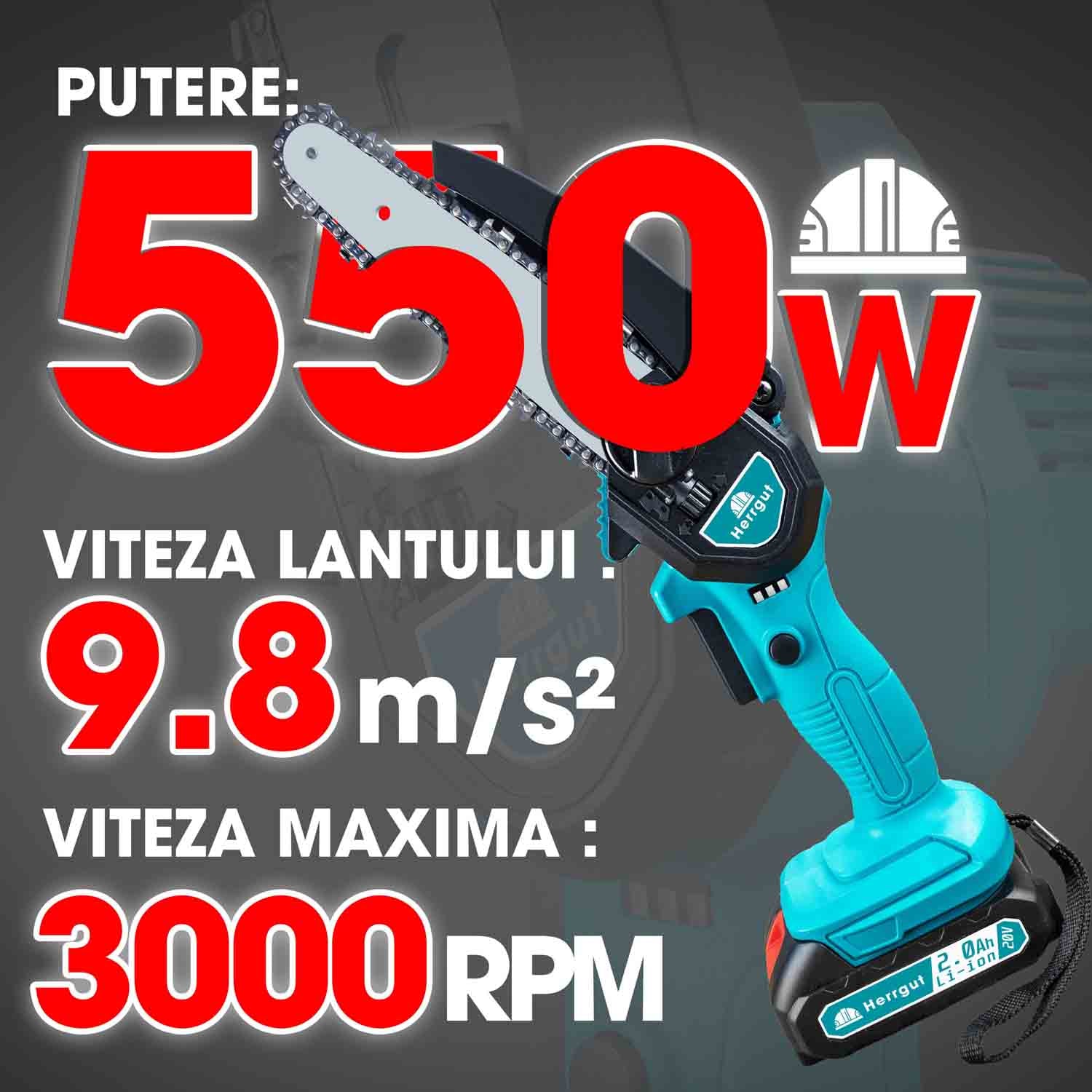 Mini fierastrau electric cu lant Herrgut, 6 inch, 2 x baterie 2000 mAh, motor cu perii, putere 550W, pe acumulator, albastru/negru, (mini drujba)
