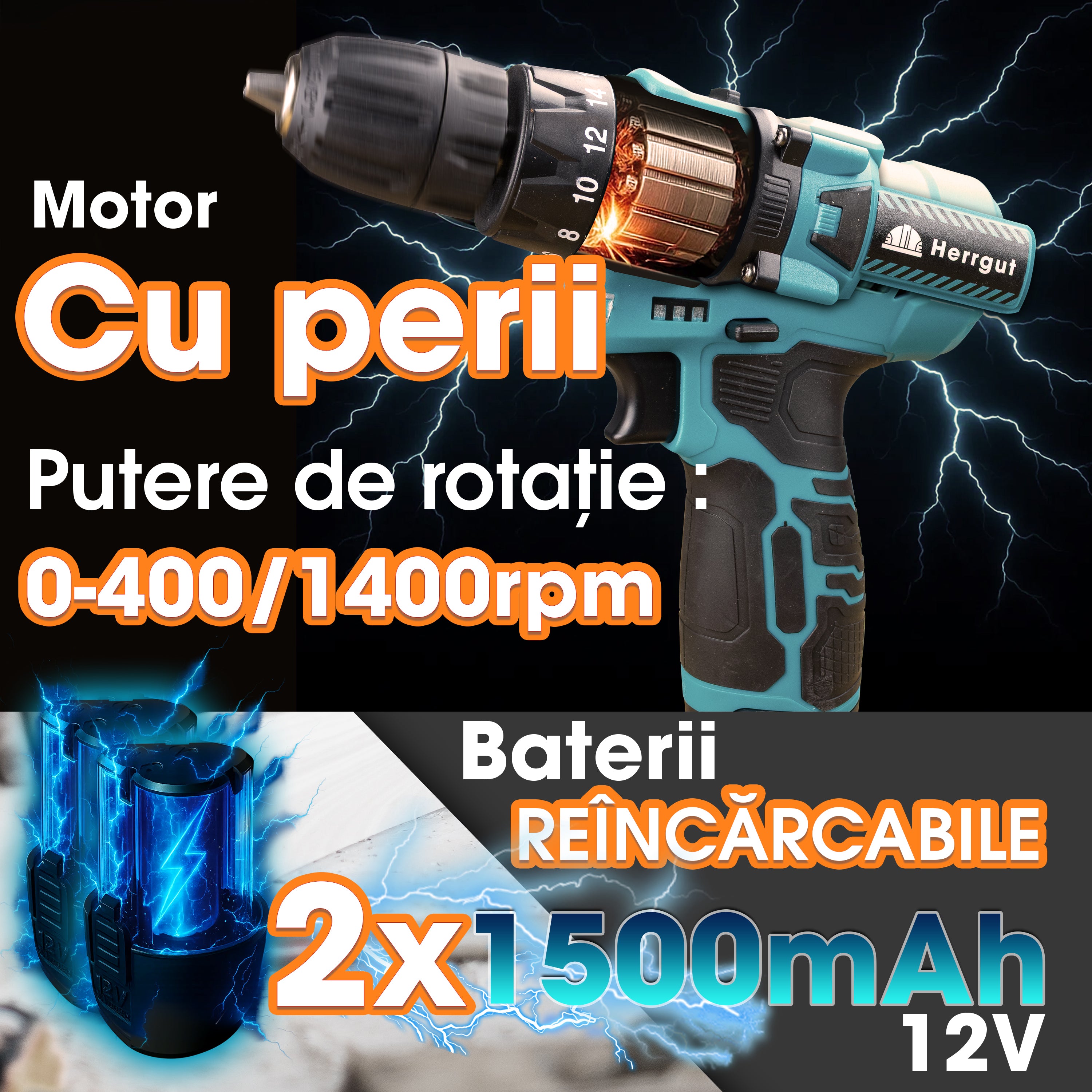 Masina de gaurit si insurubat (bormasina) Herrgut Universal cu acumulator 1.5Ah Li-Ion, 30Nm, 2 trepte 400/1400 RPM, mandrina rapida 0.8-10mm, 25 accesorii, cutie bmc