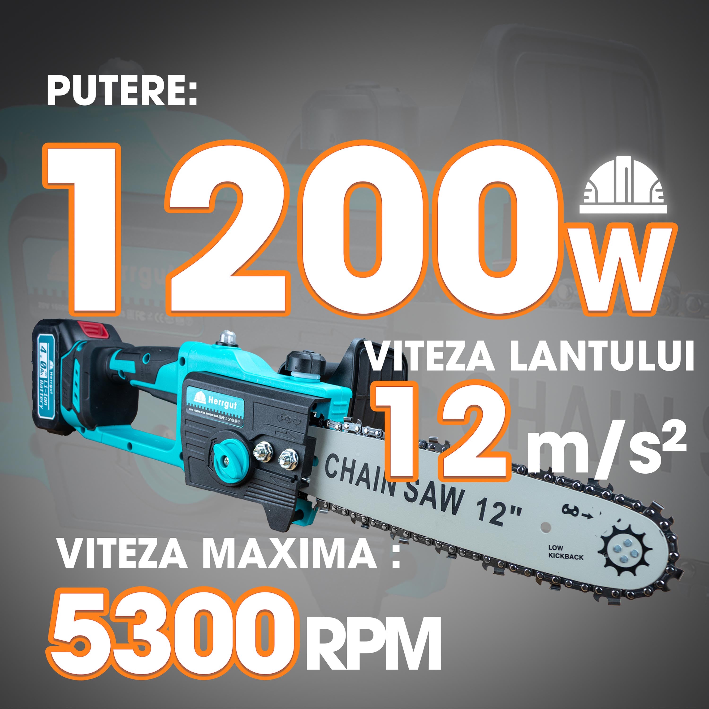 Mini fierastrau electric cu lant Herrgut, motor fara perii, 12 inch, 2 x baterie 4000 mAh, putere 1200W, fast charging, pe acumulator, cu sistem de lubrifiere, albastru/negru