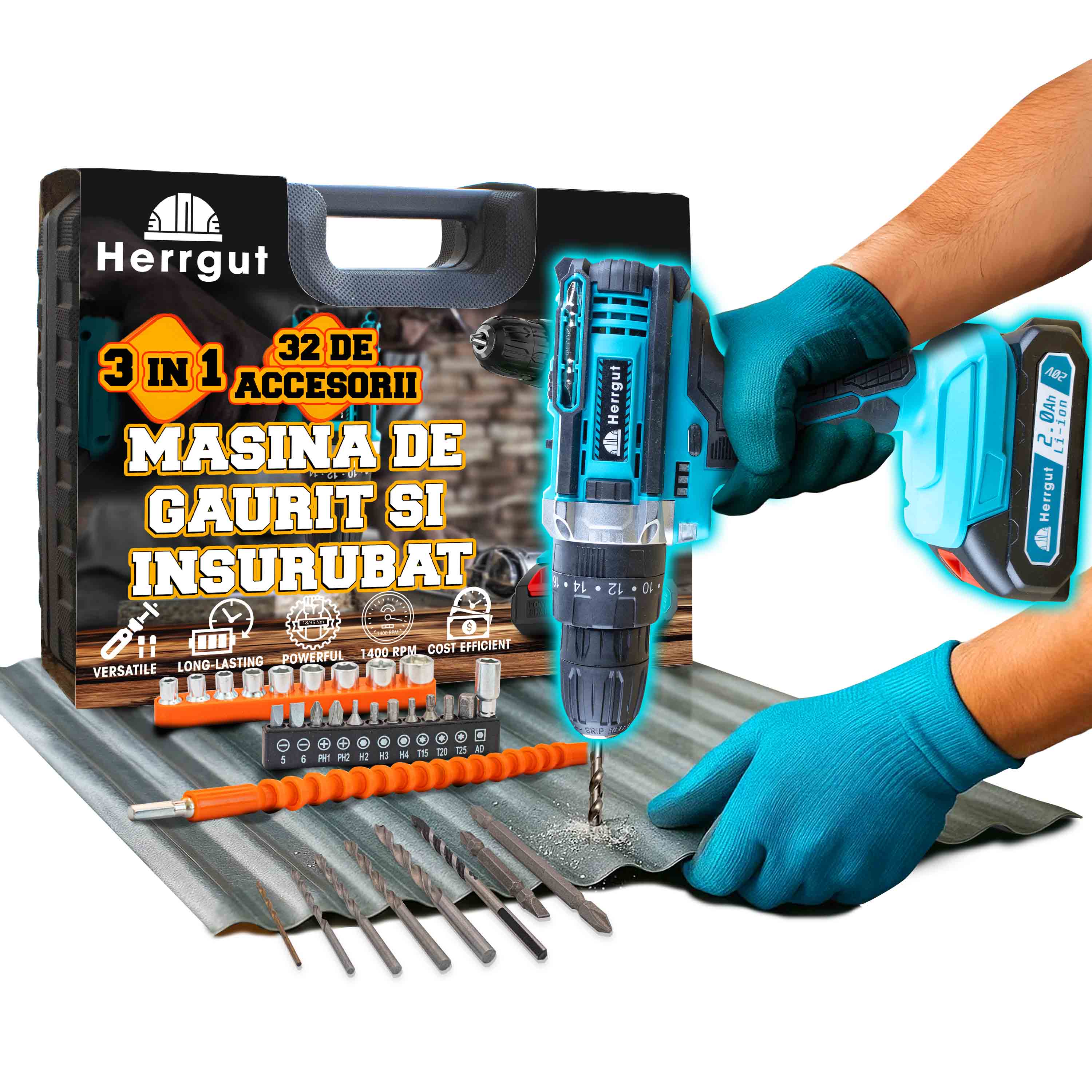 Masina de gaurit si insurubat Herrgut Professional, 2000 mAh Li-Ion, 32 accesorii, 2 trepte 400/1400 RPM, imbinare 35Nm, mandrina rapida 0.8-10mm, pe acumulator (bormasina)