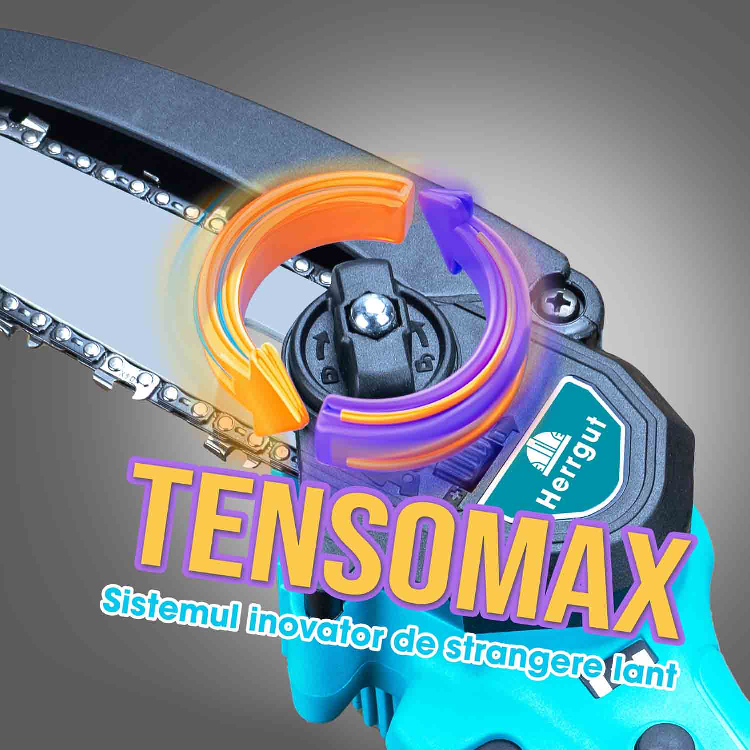 Mini fierastrau electric cu lant Herrgut, 6 inch, 2 x baterie 2000 mAh, motor cu perii, putere 550W, pe acumulator, albastru/negru, (mini drujba)