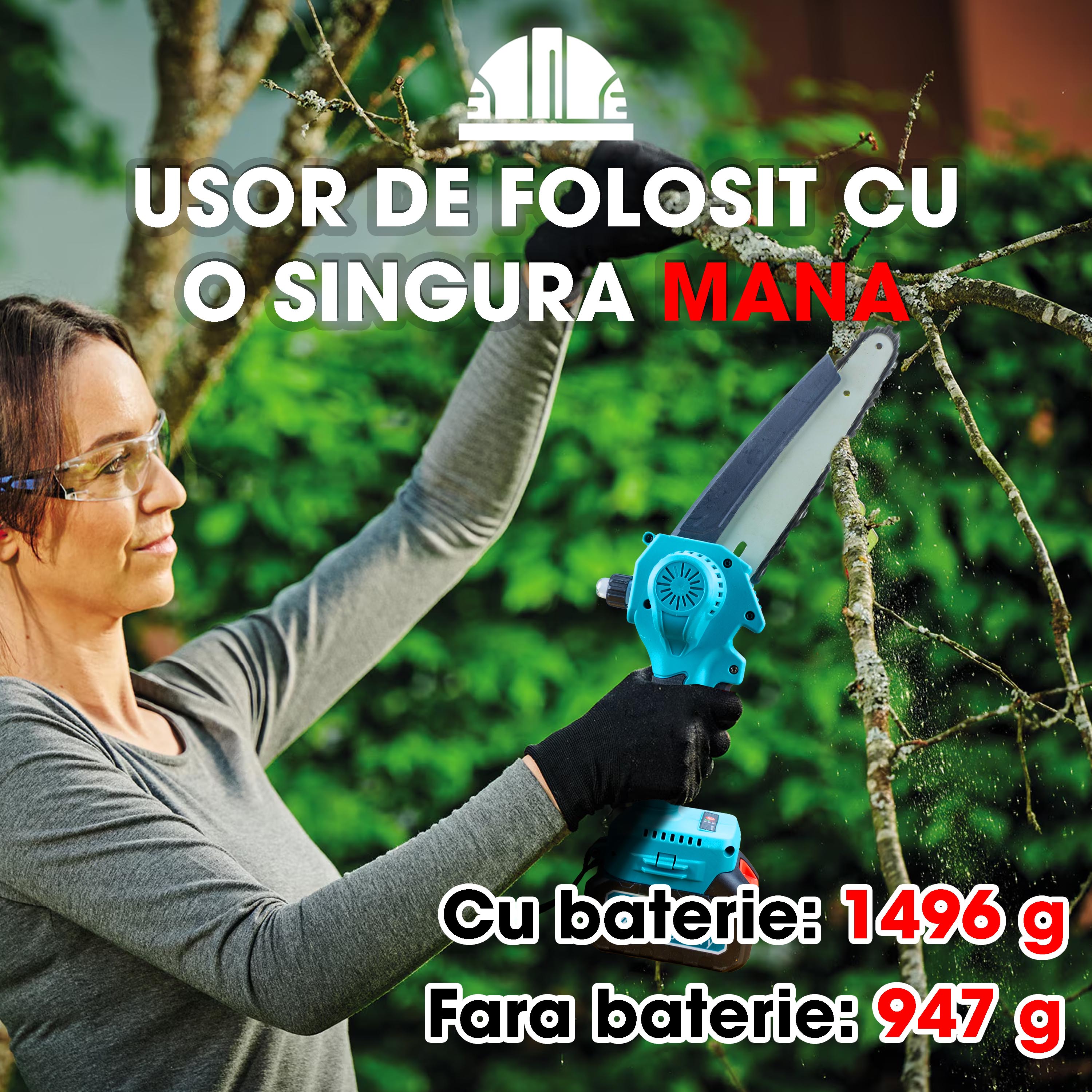 Mini fierastrau electric cu lant Herrgut, motor fara perii, 8 inch, 1 x baterie 4000 mAh, lant extra de 6 inch, baterie extra 2000 mAh fast charging, pe acumulator, cu sistem de lubrifiere, albastru/negru, (mini drujba)