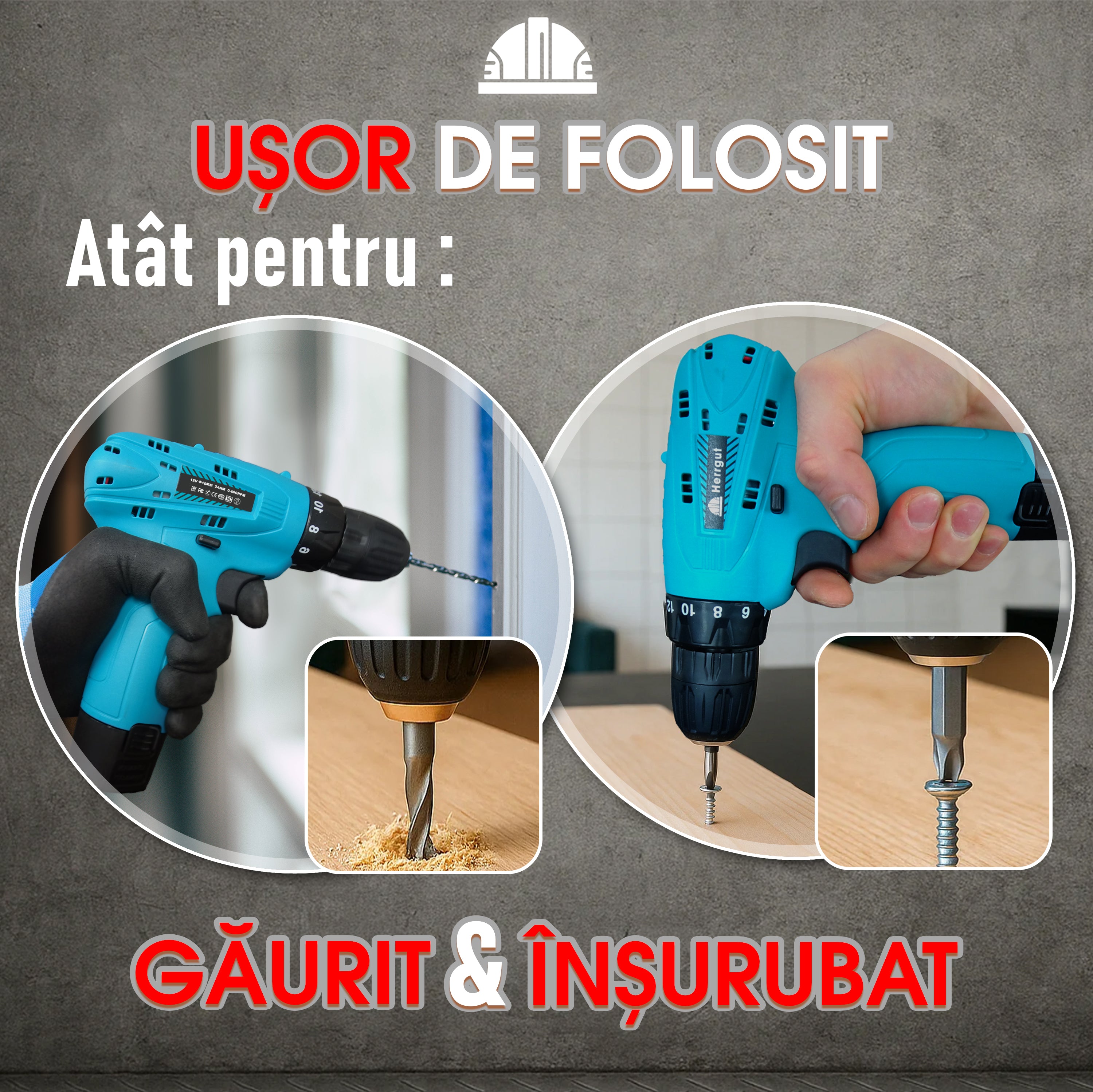 Masina de gaurit si insurubat Herrgut Easy ,1 x baterie 1500 mAh Li-Ion, 24 Nm, treapta 600 RPM, mandrina rapida 10mm, pe acumulator (bormasina)