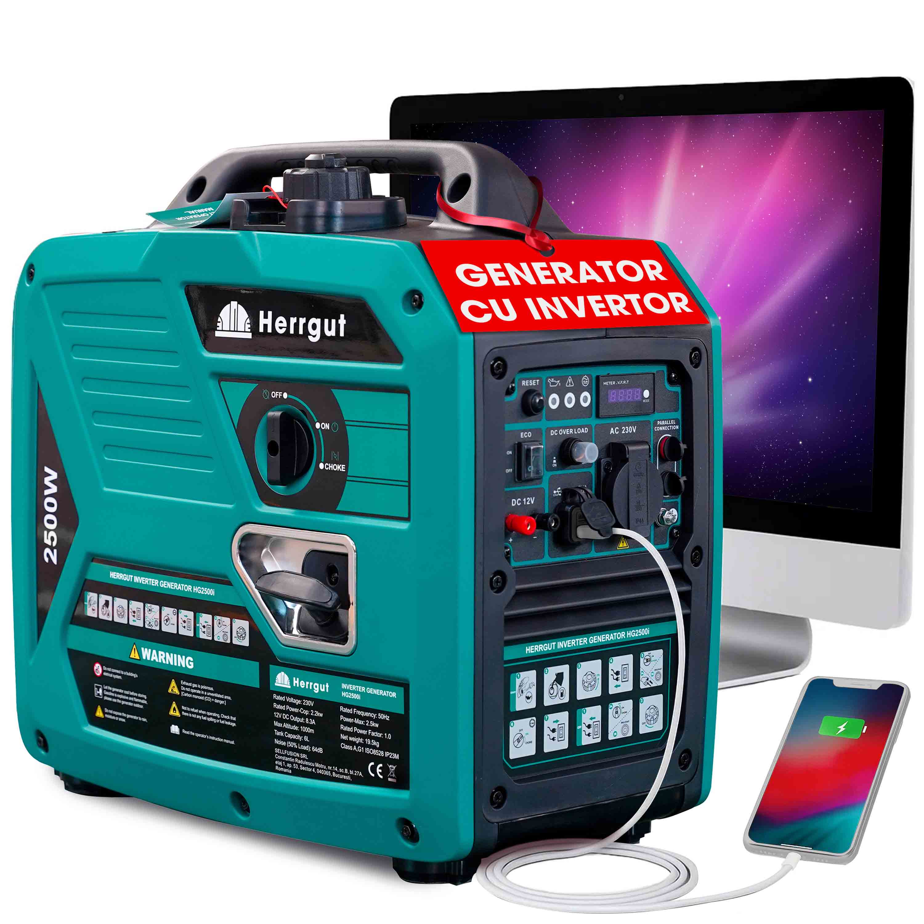 Generator curent electric cu invertor Herrgut HG2500i, 2500W, silentios, mod ECO, portabil, benzina, 6 l capacitate rezervor, cu stabilizator de tensiune, pornire manuala, bobinaj cupru