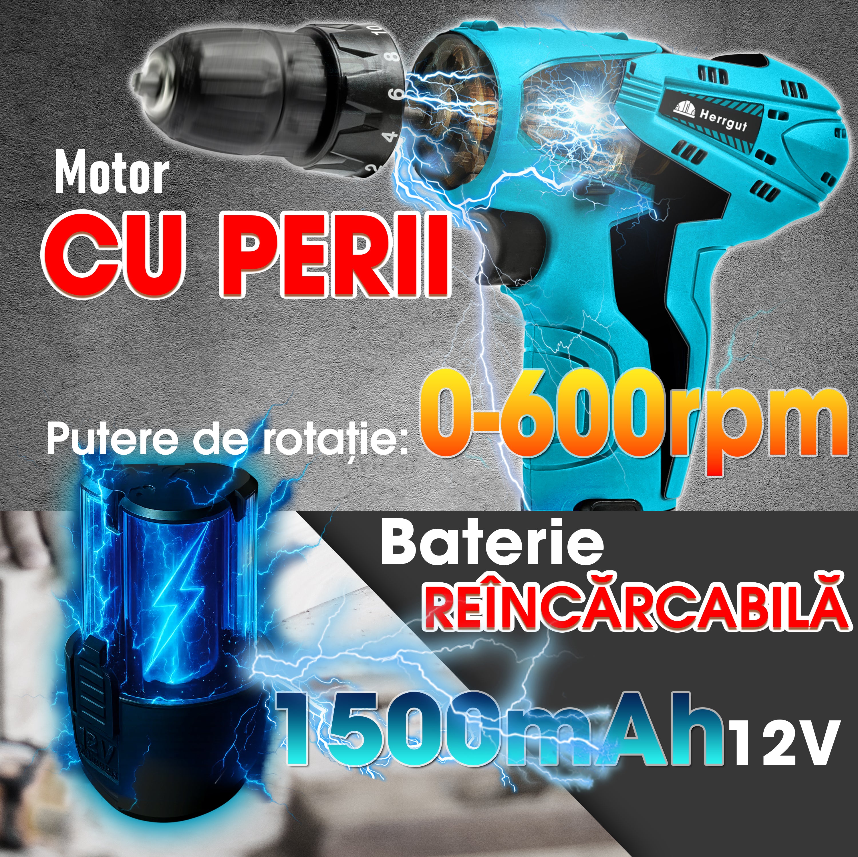 Masina de gaurit si insurubat Herrgut Easy ,1 x baterie 1500 mAh Li-Ion, 24 Nm, treapta 600 RPM, mandrina rapida 10mm, pe acumulator (bormasina)