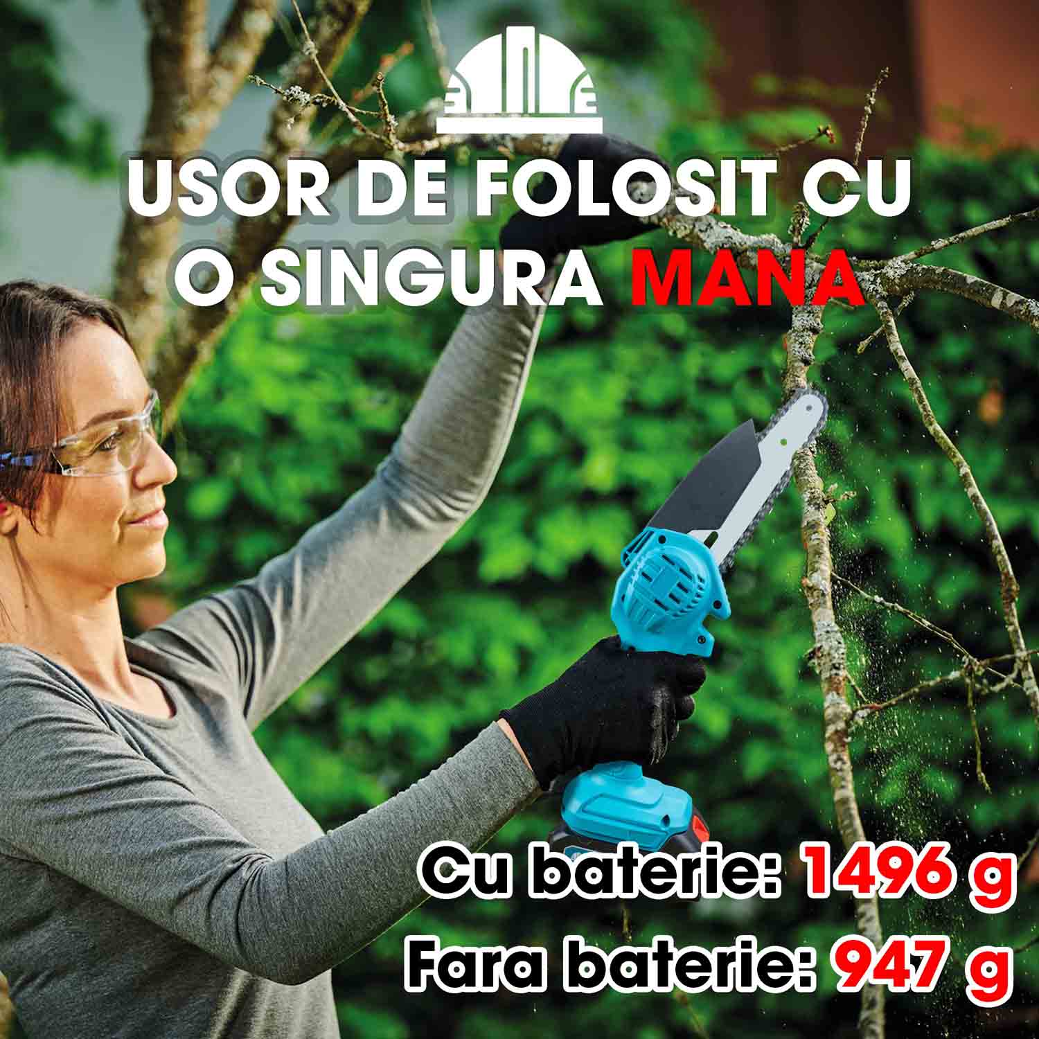 Mini fierastrau electric cu lant Herrgut, 6 inch, 2 x baterie 2000 mAh, motor cu perii, putere 550W, pe acumulator, albastru/negru, (mini drujba)